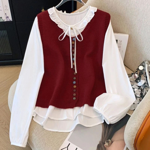 韓系復古假兩件彩虹紐釦針織馬甲拼接襯衫女秋季新款甜美遮肉上衣