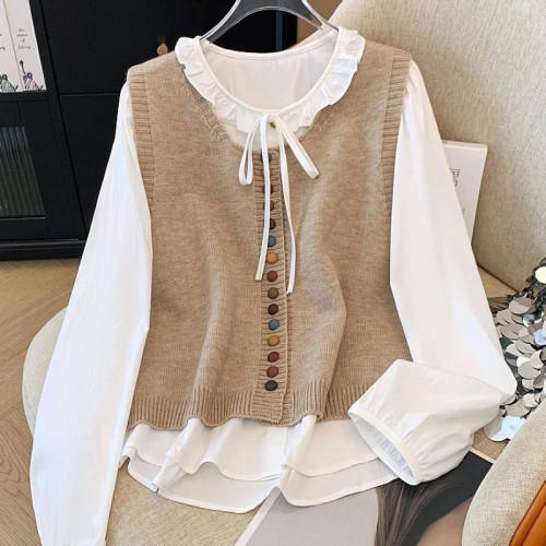 韓系復古假兩件彩虹紐釦針織馬甲拼接襯衫女秋季新款甜美遮肉上衣