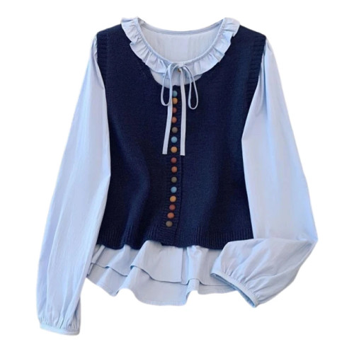韓系復古假兩件彩虹紐釦針織馬甲拼接襯衫女秋季新款甜美遮肉上衣