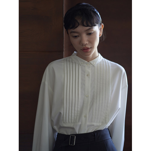 哈齒小姐 復古廻潮小繙領精緻塔克線門襟經典H版型顯瘦通勤襯衫女