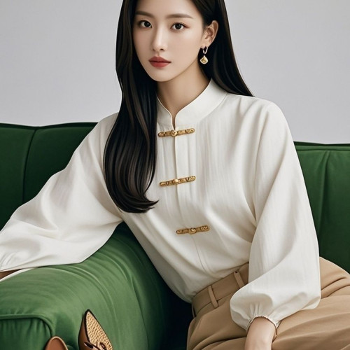 新中式國風紅色燈籠袖盤釦襯衫女春秋季2025年氣質小衫