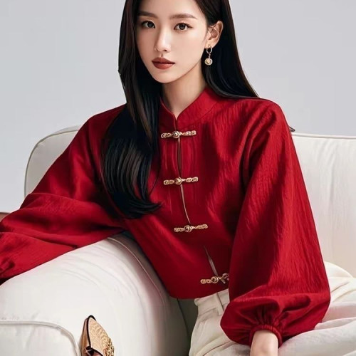 新中式國風紅色燈籠袖盤釦襯衫女春秋季2025年氣質小衫