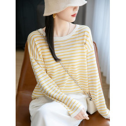 經典條紋長袖防曬衣竹節麻透氣罩衫女2025夏薄新款顯瘦寬鬆上衣T