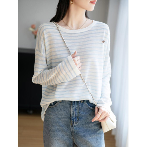 經典條紋長袖防曬衣竹節麻透氣罩衫女2025夏薄新款顯瘦寬鬆上衣T