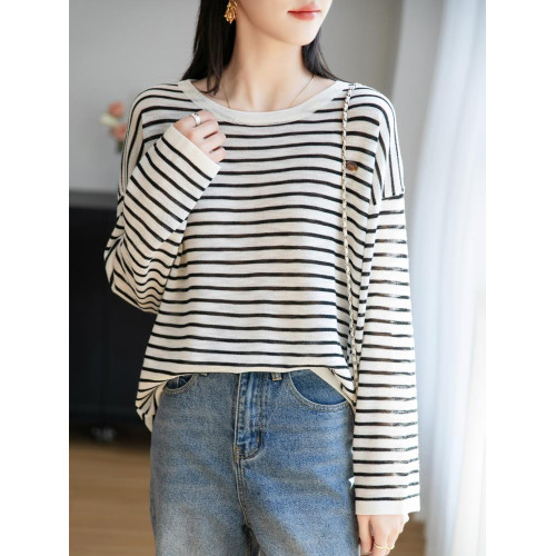 經典條紋長袖防曬衣竹節麻透氣罩衫女2025夏薄新款顯瘦寬鬆上衣T