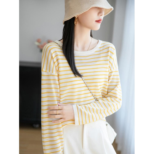 經典條紋長袖防曬衣竹節麻透氣罩衫女2025夏薄新款顯瘦寬鬆上衣T
