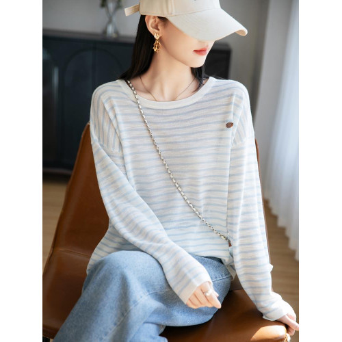 經典條紋長袖防曬衣竹節麻透氣罩衫女2025夏薄新款顯瘦寬鬆上衣T