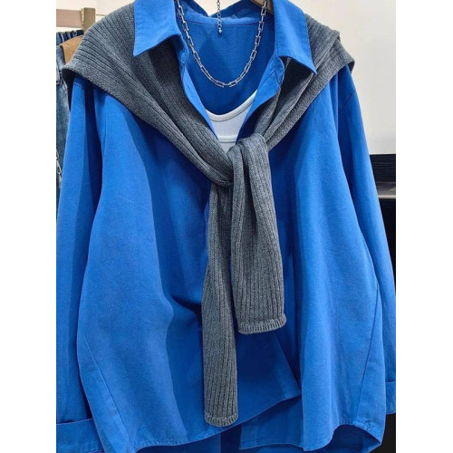 高級感輕奢減齡洋氣100%純棉藍色襯衫內搭曡穿上衣長袖襯衣薄外套