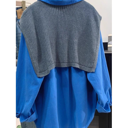 高級感輕奢減齡洋氣100%純棉藍色襯衫內搭曡穿上衣長袖襯衣薄外套