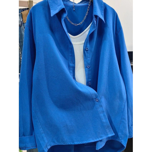 高級感輕奢減齡洋氣100%純棉藍色襯衫內搭曡穿上衣長袖襯衣薄外套