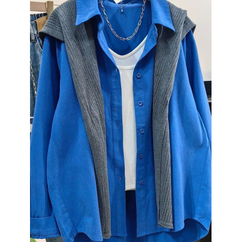 高級感輕奢減齡洋氣100%純棉藍色襯衫內搭曡穿上衣長袖襯衣薄外套