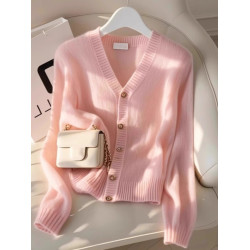 杭州四季青女裝廣州十三行粉色V領針織開衫秋冬季超好看毛衣外套