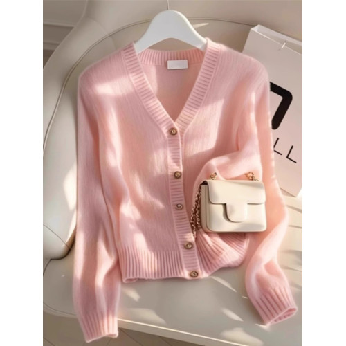 杭州四季青女裝廣州十三行粉色V領針織開衫秋冬季超好看毛衣外套