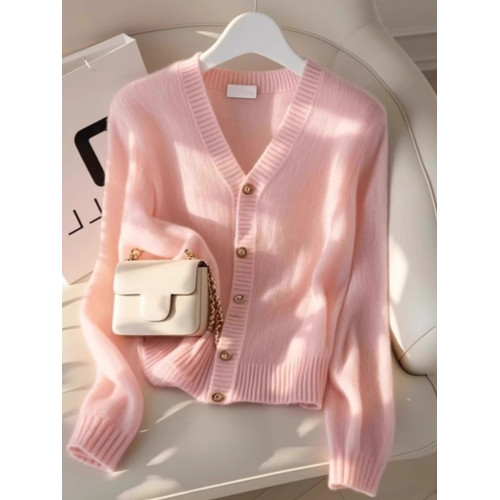 杭州四季青女裝廣州十三行粉色V領針織開衫秋冬季超好看毛衣外套