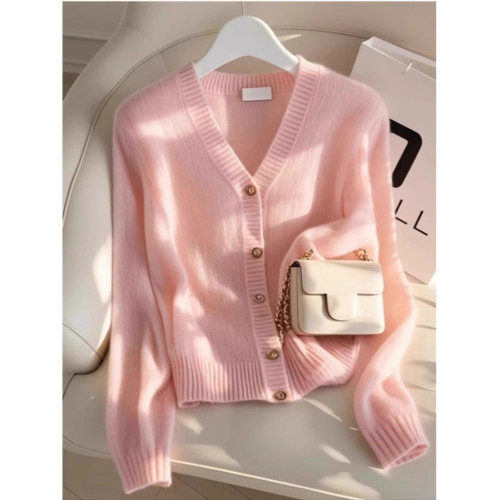 杭州四季青女裝廣州十三行粉色V領針織開衫秋冬季超好看毛衣外套