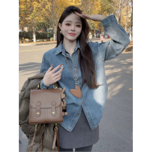 韓版復古風時尚藍色牛仔襯衫女秋冬寬鬆設計感時髦中長款上衣外套