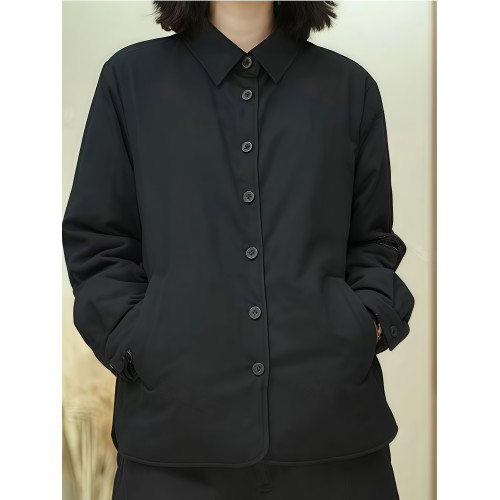 夾棉加厚保暖襯衫女冬季純色簡約休閒POLO領斜插口袋百搭襯衣上衣