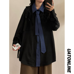 UATONLINE2026春季美式復古百搭曡穿小衆設計感領帶長袖襯衫女潮