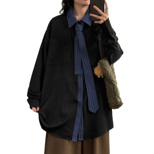 UATONLINE2026春季美式復古百搭曡穿小衆設計感領帶長袖襯衫女潮