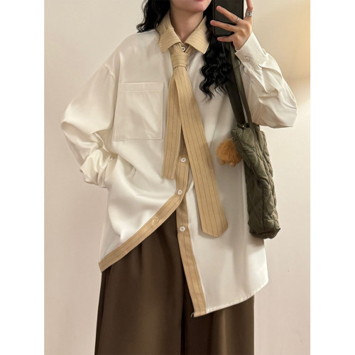 UATONLINE2026春季美式復古百搭曡穿小衆設計感領帶長袖襯衫女潮