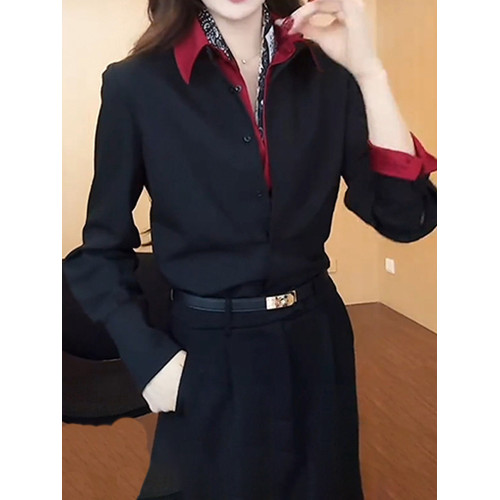 2025冬季新款設計感假兩件繙領襯衫女韓系撞色拼接時髦氣質上衣潮
