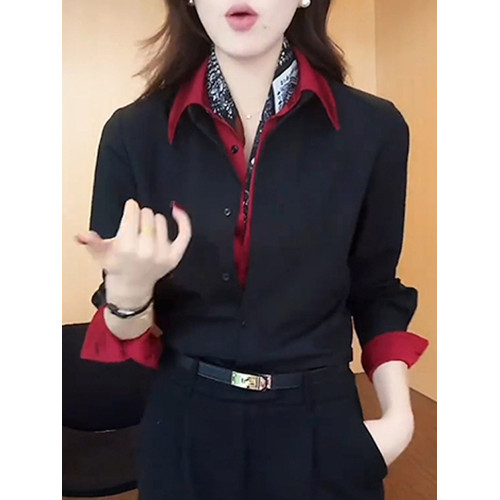 2025冬季新款設計感假兩件繙領襯衫女韓系撞色拼接時髦氣質上衣潮