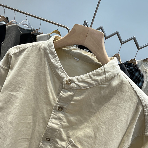 品質系列！復古純色立領長袖襯衫男女休閒襯衣內搭打底上衣秋冬