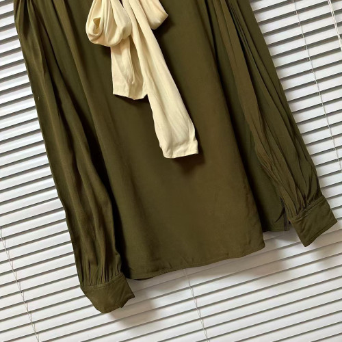 0116-39美拉德蝴蝶結系帶含真絲醋酸襯衫長袖高級感設計飄帶上衣