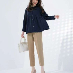 D16056日單貴牌新款客供料單排珍珠釦圓領寬鬆女純色氣質長袖襯衫