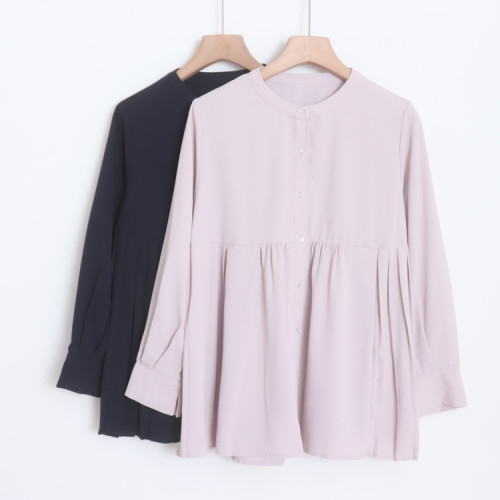 D16056日單貴牌新款客供料單排珍珠釦圓領寬鬆女純色氣質長袖襯衫