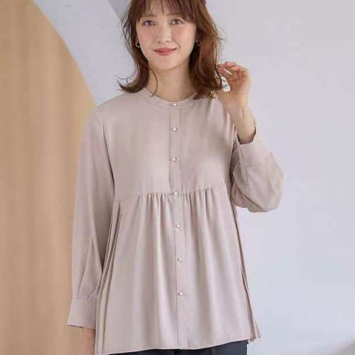 D16056日單貴牌新款客供料單排珍珠釦圓領寬鬆女純色氣質長袖襯衫