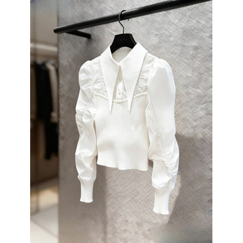 法式輕熟獨特超好看上衣輕奢高級感重要場合白色針織拼接襯衫女春