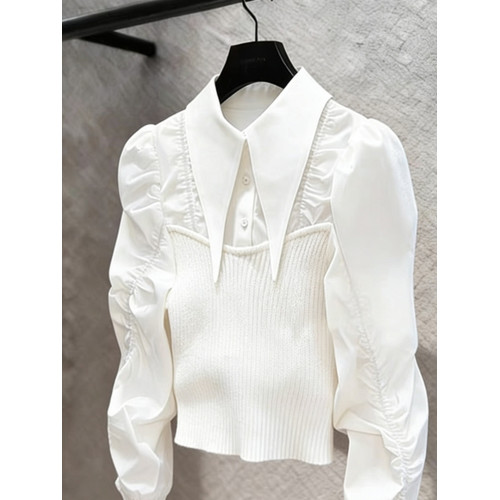 法式輕熟獨特超好看上衣輕奢高級感重要場合白色針織拼接襯衫女春