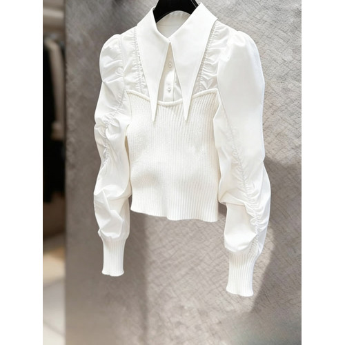 法式輕熟獨特超好看上衣輕奢高級感重要場合白色針織拼接襯衫女春