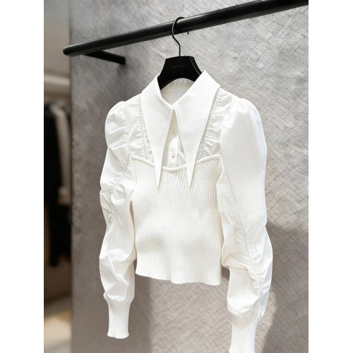 法式輕熟獨特超好看上衣輕奢高級感重要場合白色針織拼接襯衫女春