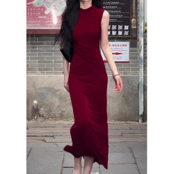 點點夏季新款法式復古風高級女神範收腰顯瘦氣質感無袖紅色連衣裙