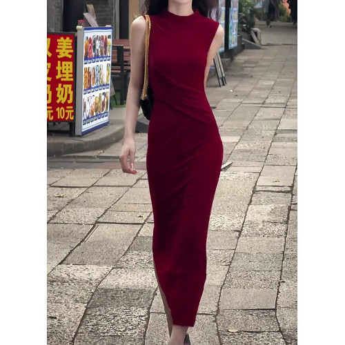 點點夏季新款法式復古風高級女神範收腰顯瘦氣質感無袖紅色連衣裙