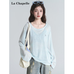 拉夏貝爾藍色條紋防曬罩衫t恤女夏季韓系慵懶長袖巨好看早秋上衣