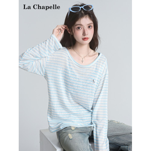 拉夏貝爾藍色條紋防曬罩衫t恤女夏季韓系慵懶長袖巨好看早秋上衣