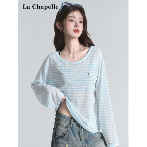 拉夏貝爾藍色條紋防曬罩衫t恤女夏季韓系慵懶長袖巨好看早秋上衣