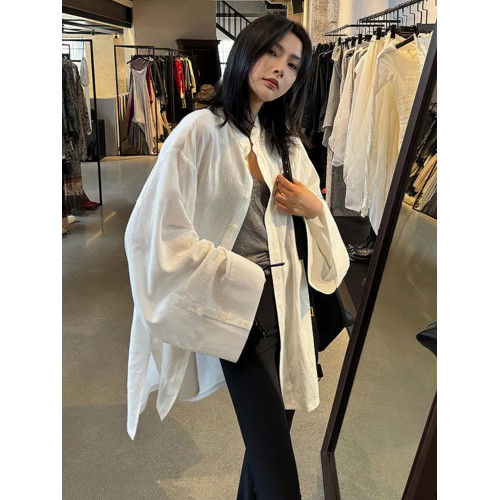 法式氣質白色長袖襯衫女夏寬鬆慵懶風設計感小衆防曬襯衣休閒上衣