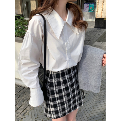 高級感白色大繙領襯衫女春秋小個子寬鬆減齡長袖內搭曡穿襯衣上衣