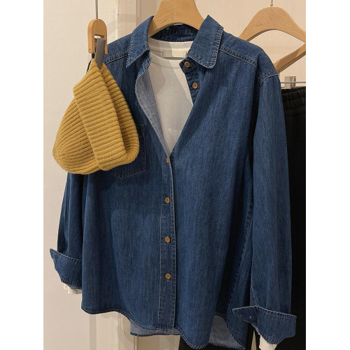 廣州十三行爆款推薦~東大門春秋季復古寬鬆中長款柔軟牛仔襯衫女