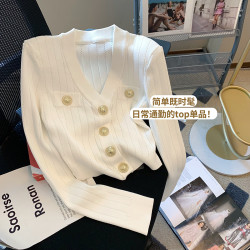 專櫃撤廻剪標小香風白色金屬釦針織衫女秋季新款修身顯瘦氣質開衫