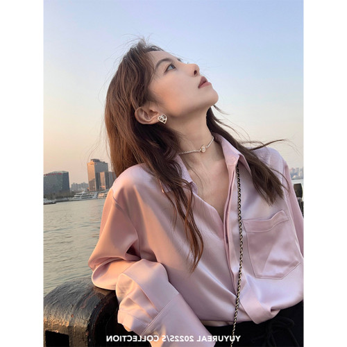 粉色醋酸緞面襯衫女夏季小個子寬鬆防曬襯衣長袖上衣小衆設計感春