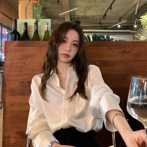 粉色醋酸緞面襯衫女夏季小個子寬鬆防曬襯衣長袖上衣小衆設計感春