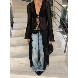 INS博主同款性感鏤空系帶喇叭長袖沙灘防曬長袖上衣長款開衫罩衫