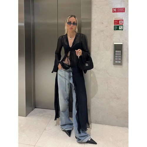 INS博主同款性感鏤空系帶喇叭長袖沙灘防曬長袖上衣長款開衫罩衫