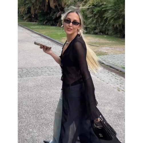 INS博主同款性感鏤空系帶喇叭長袖沙灘防曬長袖上衣長款開衫罩衫