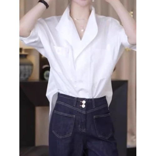 輕熟簡約風繙領白色襯衫女秋冬季大碼胖mm寬鬆顯瘦設計感純棉上衣